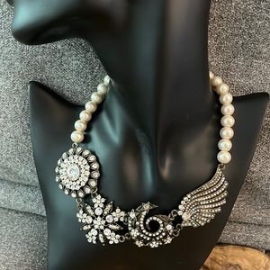 Anthropologie Pearl and Rhinestone Brooch Cluster Bohemian Statement Necklace